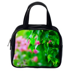 Green Birch Leaves, Pink Flowers Classic Handbags (One Side)