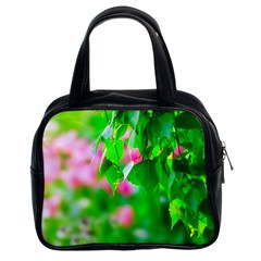 Green Birch Leaves, Pink Flowers Classic Handbags (2 Sides) by FunnyCow