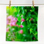 Green Birch Leaves, Pink Flowers Face Towel Front