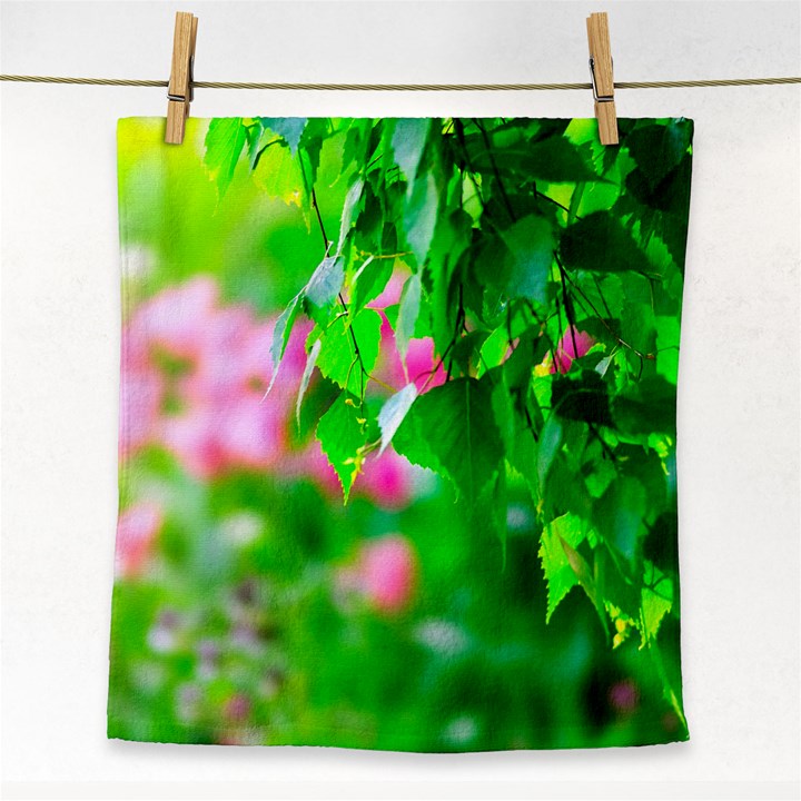 Green Birch Leaves, Pink Flowers Face Towel