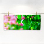 Green Birch Leaves, Pink Flowers Hand Towel Front