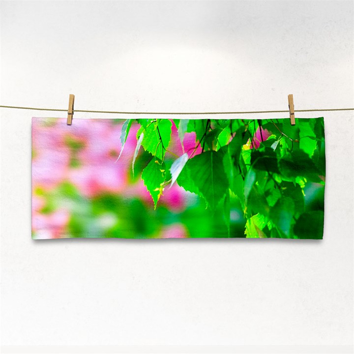 Green Birch Leaves, Pink Flowers Hand Towel