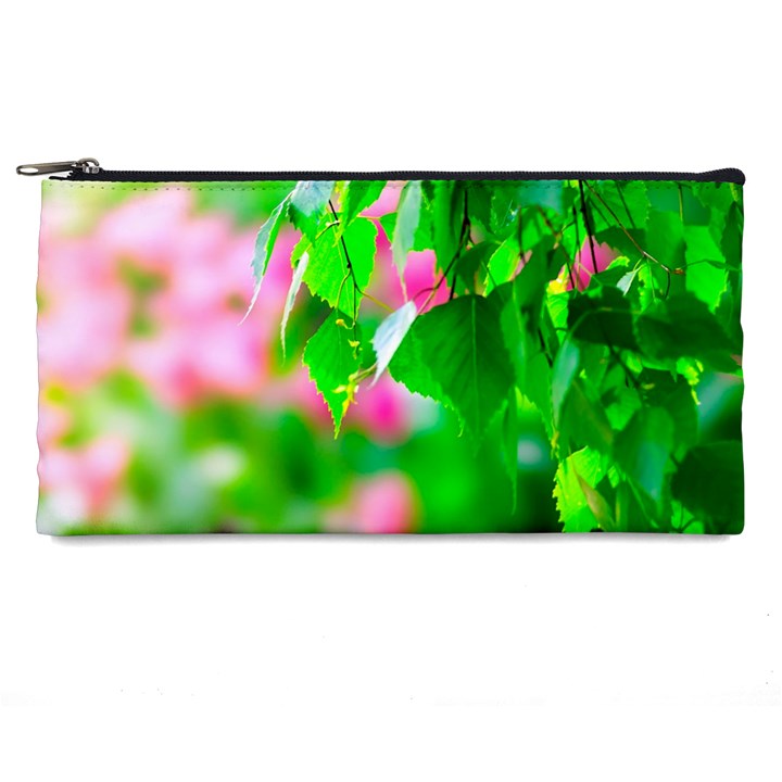 Green Birch Leaves, Pink Flowers Pencil Cases