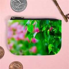 Green Birch Leaves, Pink Flowers Mini Coin Purses