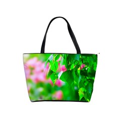 Green Birch Leaves, Pink Flowers Shoulder Handbags