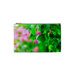 Green Birch Leaves, Pink Flowers Cosmetic Bag (small) by FunnyCow