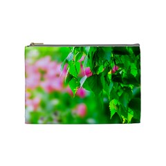 Green Birch Leaves, Pink Flowers Cosmetic Bag (medium) by FunnyCow