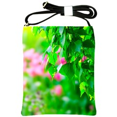 Green Birch Leaves, Pink Flowers Shoulder Sling Bags