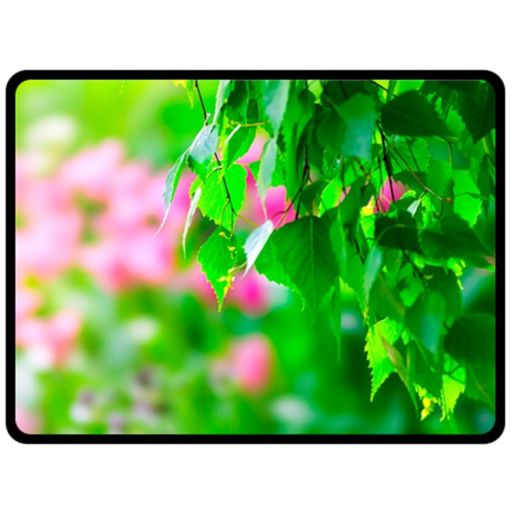 Green Birch Leaves, Pink Flowers Fleece Blanket (Large) 