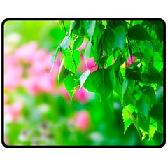 Green Birch Leaves, Pink Flowers Fleece Blanket (Medium) 