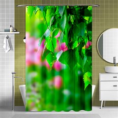 Green Birch Leaves, Pink Flowers Shower Curtain 48  x 72  (Small) 