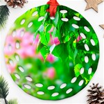 Green Birch Leaves, Pink Flowers Ornament (Round Filigree) Front