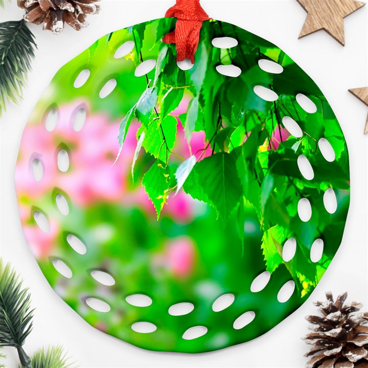 Green Birch Leaves, Pink Flowers Ornament (Round Filigree)