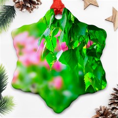 Green Birch Leaves, Pink Flowers Ornament (Snowflake)