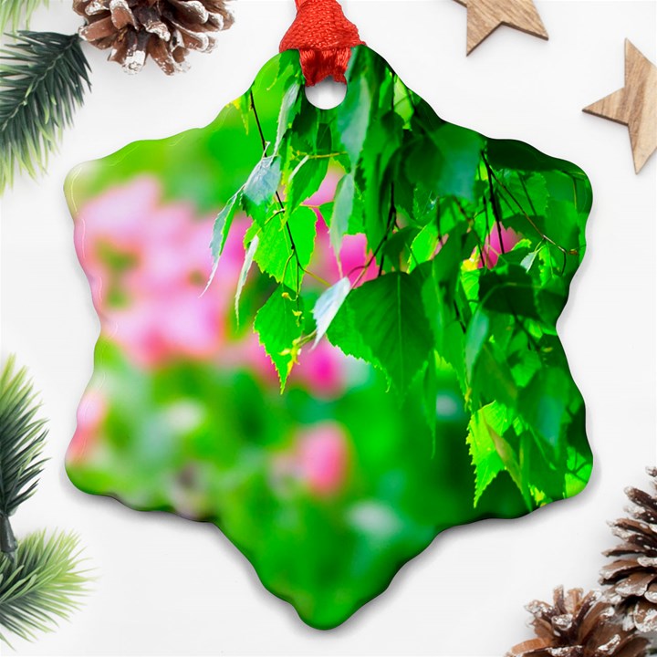 Green Birch Leaves, Pink Flowers Ornament (Snowflake)