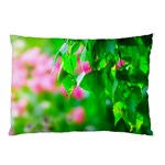 Green Birch Leaves, Pink Flowers Pillow Case (Two Sides) Front