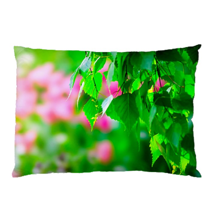 Green Birch Leaves, Pink Flowers Pillow Case (Two Sides)