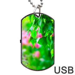 Green Birch Leaves, Pink Flowers Dog Tag USB Flash (Two Sides)