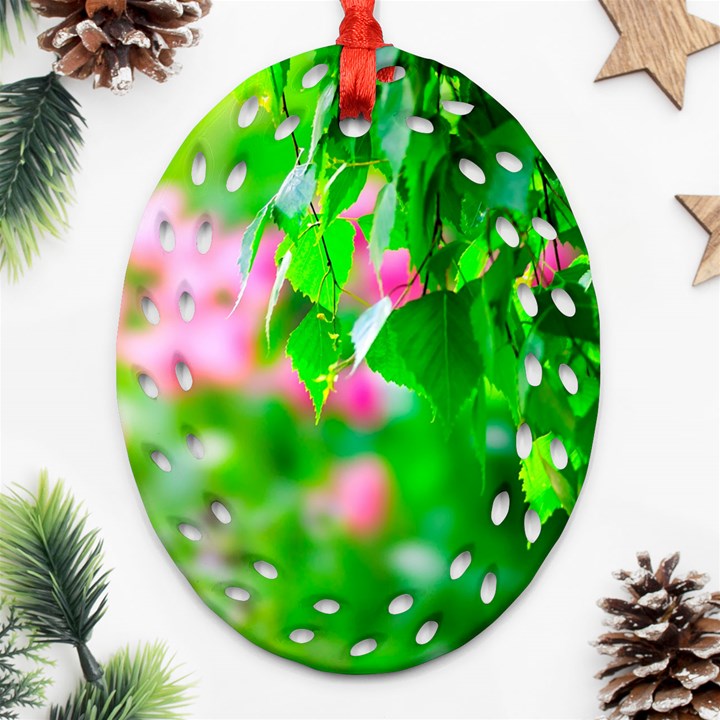 Green Birch Leaves, Pink Flowers Oval Filigree Ornament (Two Sides)