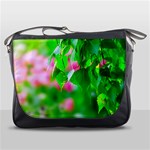 Green Birch Leaves, Pink Flowers Messenger Bags Front