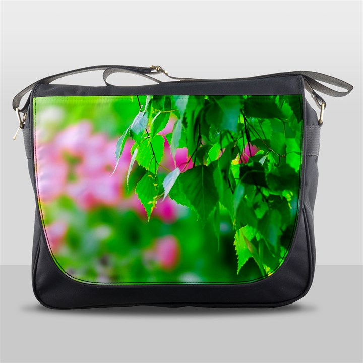 Green Birch Leaves, Pink Flowers Messenger Bags