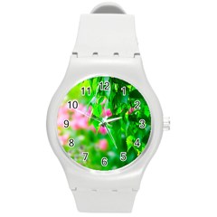 Green Birch Leaves, Pink Flowers Round Plastic Sport Watch (m) by FunnyCow