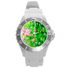 Green Birch Leaves, Pink Flowers Round Plastic Sport Watch (l) by FunnyCow