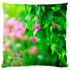 Green Birch Leaves, Pink Flowers Large Cushion Case (two Sides) by FunnyCow