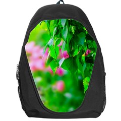 Green Birch Leaves, Pink Flowers Backpack Bag