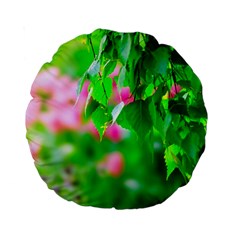 Green Birch Leaves, Pink Flowers Standard 15  Premium Round Cushions by FunnyCow