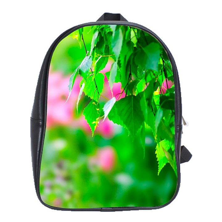 Green Birch Leaves, Pink Flowers School Bag (XL)