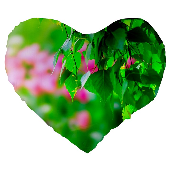 Green Birch Leaves, Pink Flowers Large 19  Premium Heart Shape Cushions