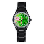 Green Birch Leaves, Pink Flowers Stainless Steel Round Watch Front