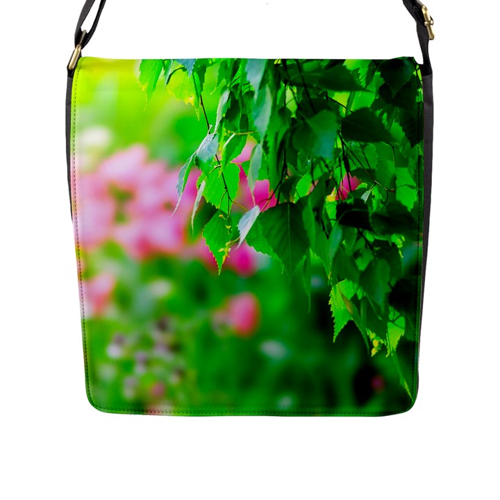 Green Birch Leaves, Pink Flowers Flap Messenger Bag (L) 