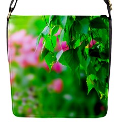 Green Birch Leaves, Pink Flowers Flap Messenger Bag (s) by FunnyCow