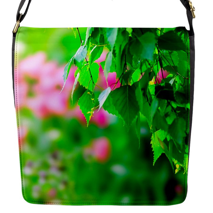 Green Birch Leaves, Pink Flowers Flap Messenger Bag (S)