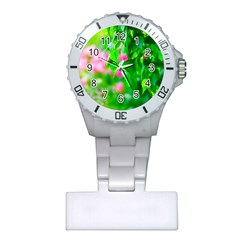 Green Birch Leaves, Pink Flowers Plastic Nurses Watch