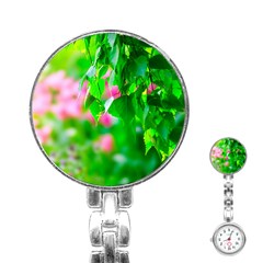 Green Birch Leaves, Pink Flowers Stainless Steel Nurses Watch