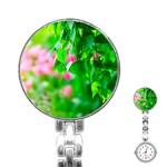 Green Birch Leaves, Pink Flowers Stainless Steel Nurses Watch Front