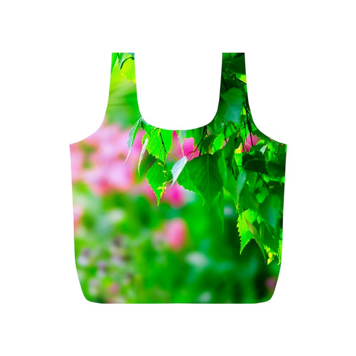 Green Birch Leaves, Pink Flowers Full Print Recycle Bags (S) 