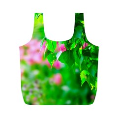 Green Birch Leaves, Pink Flowers Full Print Recycle Bags (M) 