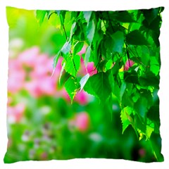 Green Birch Leaves, Pink Flowers Large Flano Cushion Case (Two Sides)