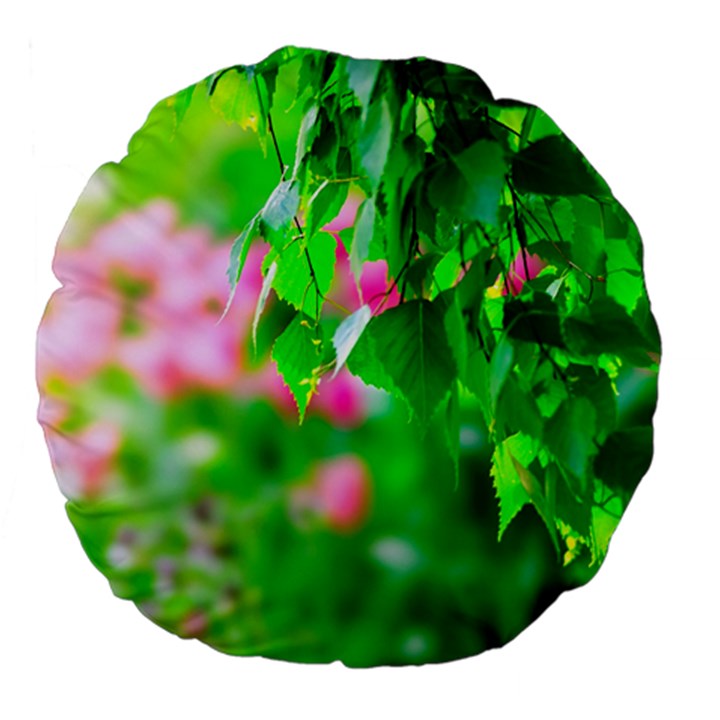 Green Birch Leaves, Pink Flowers Large 18  Premium Flano Round Cushions