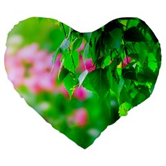 Green Birch Leaves, Pink Flowers Large 19  Premium Flano Heart Shape Cushions by FunnyCow