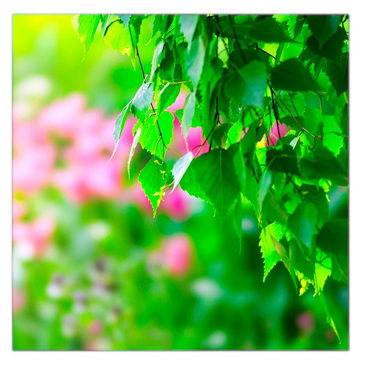 Green Birch Leaves, Pink Flowers Large Satin Scarf (Square)