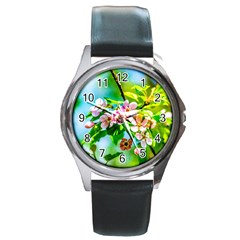 Crab Apple Flowers Round Metal Watch by FunnyCow