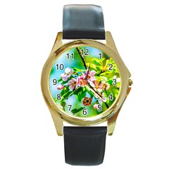 Crab Apple Flowers Round Gold Metal Watch by FunnyCow