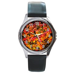 Orange, Yellow Cotoneaster Leaves In Autumn Round Metal Watch by FunnyCow