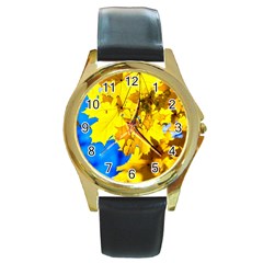 Yellow Maple Leaves Round Gold Metal Watch by FunnyCow