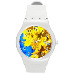 Yellow Maple Leaves Round Plastic Sport Watch (m) by FunnyCow